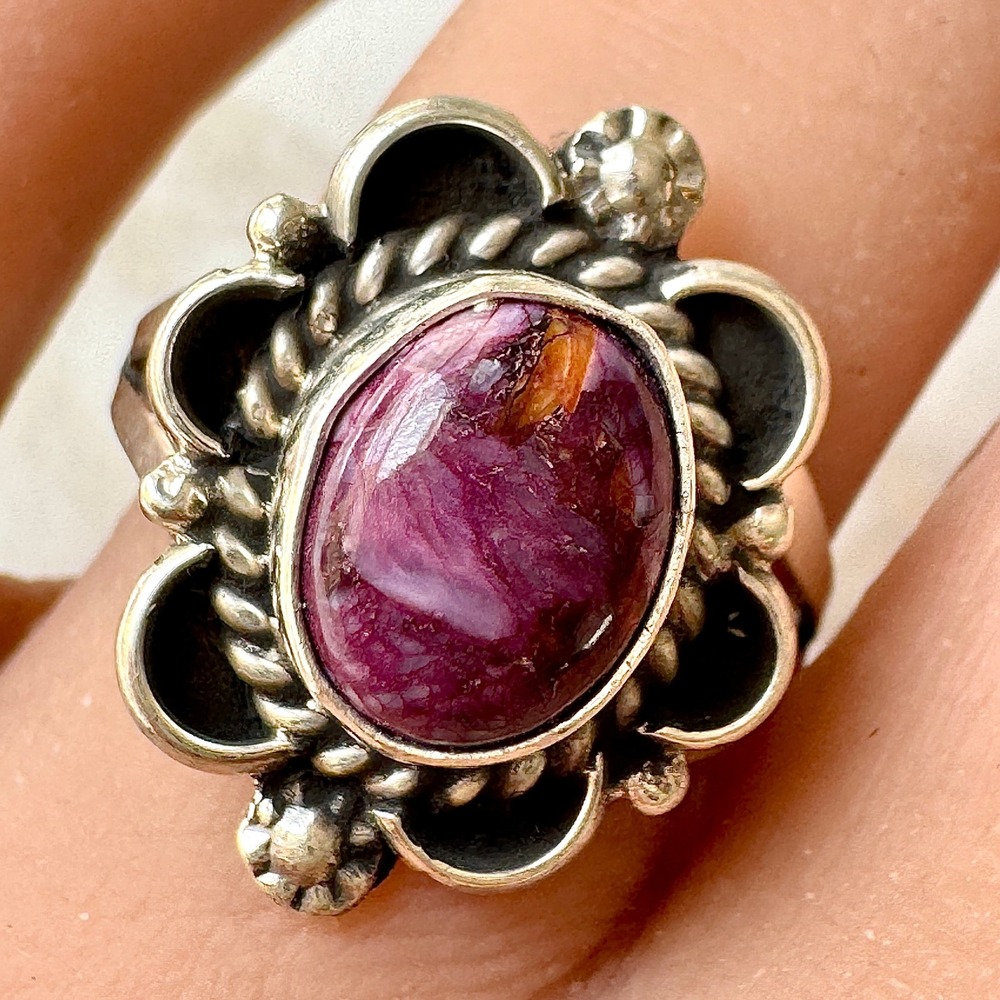 Navajo Flower Ring Purple Spiny Oyster Sz 9 Sterling Silver Native Signed Morgan